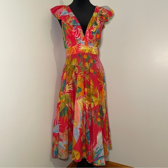 Farm Rio- Tropical Jungle Midi Dress Size S Red Deep V Summer Flutter Sleeves - Picture 7 of 16
